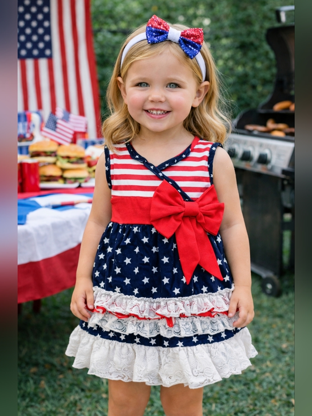 Ruffles Tutu & Lulu Patriotic Dress Red White Blue Stars Stripes Bow Girls 2T